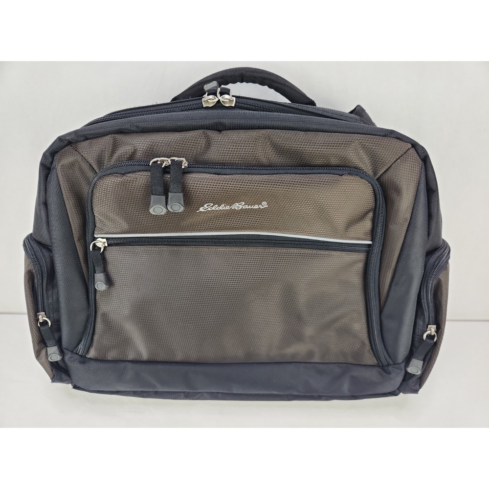 Eddie Bauer Black Brown Nylon Messenger Bag Laptop Briefcase Shoulder Travel Bag